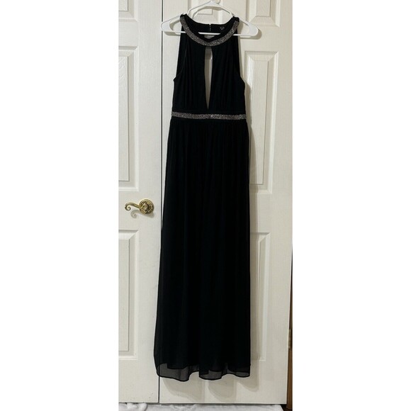 Windsor Black Long Formal Prom dress High Neck- Beaded Neck & Waist, Keyhole -L - Picture 1 of 6